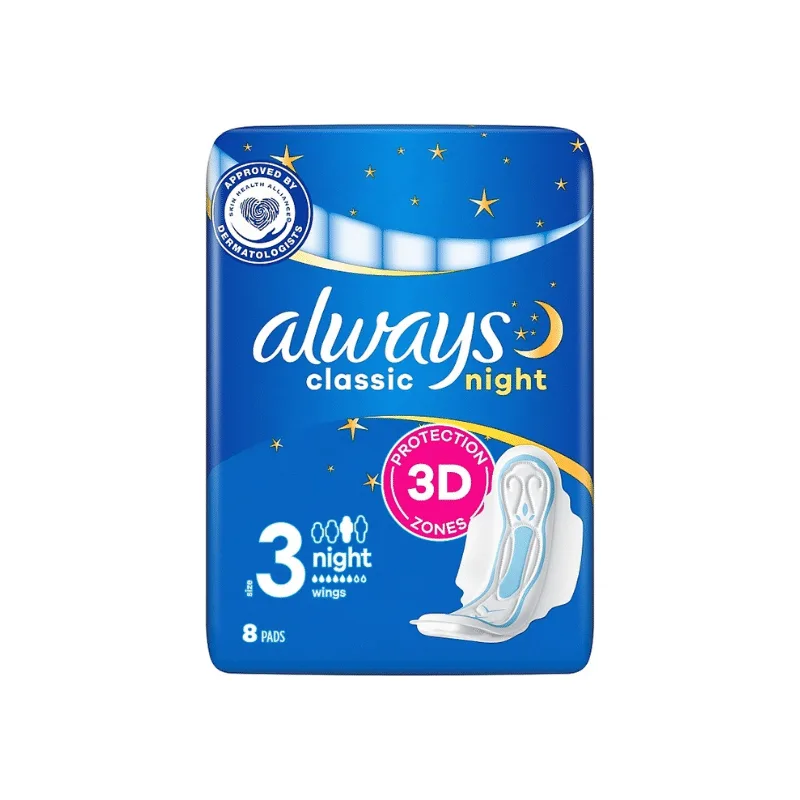 Tampoane Always Clasic Night, zona de protecție 3D, 8 bucăți