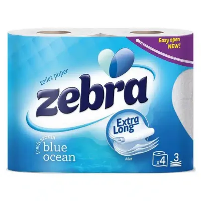 Тоалетна хартия Zebra – 4 ролки, трипластова, blue