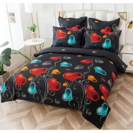 Casa Minunata - Set de lenjerie de pat din 6 piese cu elastic, 180x200, negru pe inimioare multicolore