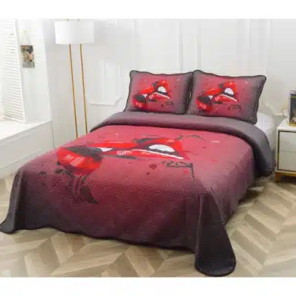 Casa Minunata - set de față de plapumă și față de pernă, 3 piese, 230x250, roșu și negru cu buze