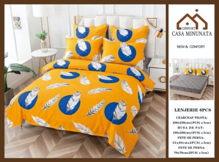 Спално бельо от Фин памук, с ластик, за Двойно легло, 6 части 180х200,жълти пера,Casa Minunata