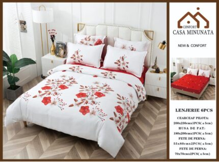 Спално бельо от Фин памук, с ластик, за Двойно легло, 6 части 180х200,бял на цветя ,Casa Minunata