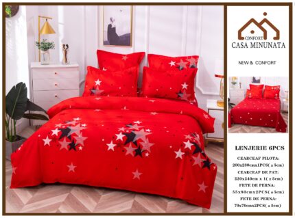Спално бельо от Фин памук, за Двойно легло, 6 части, 220х240,червен на звездички ,Casa Minunata
