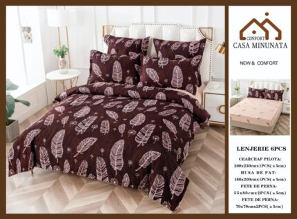 Спално бельо от Фин памук, с ластик, за Двойно легло, 6 части 180х200,кафеви пера,Casa Minunata